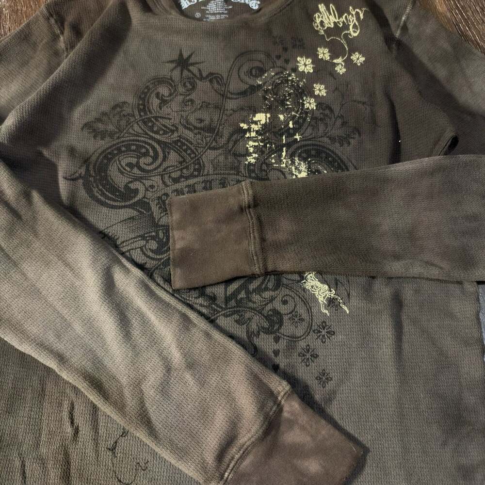 Y2K Billabong Waffle Long Sleeve Shirt Size L Brown Graphic Thermal - Picture 7 of 7